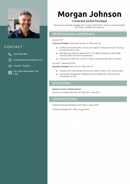 Corporate Global Paralegal Resume Example