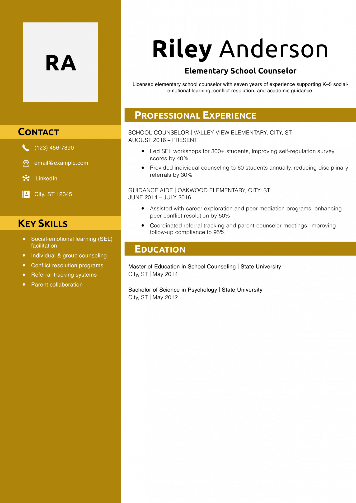 Elementary School Counselor Resume Example