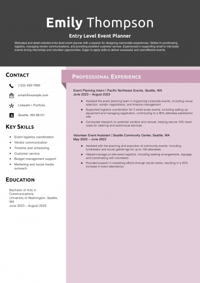 Entry Level Event Planner Resume Example