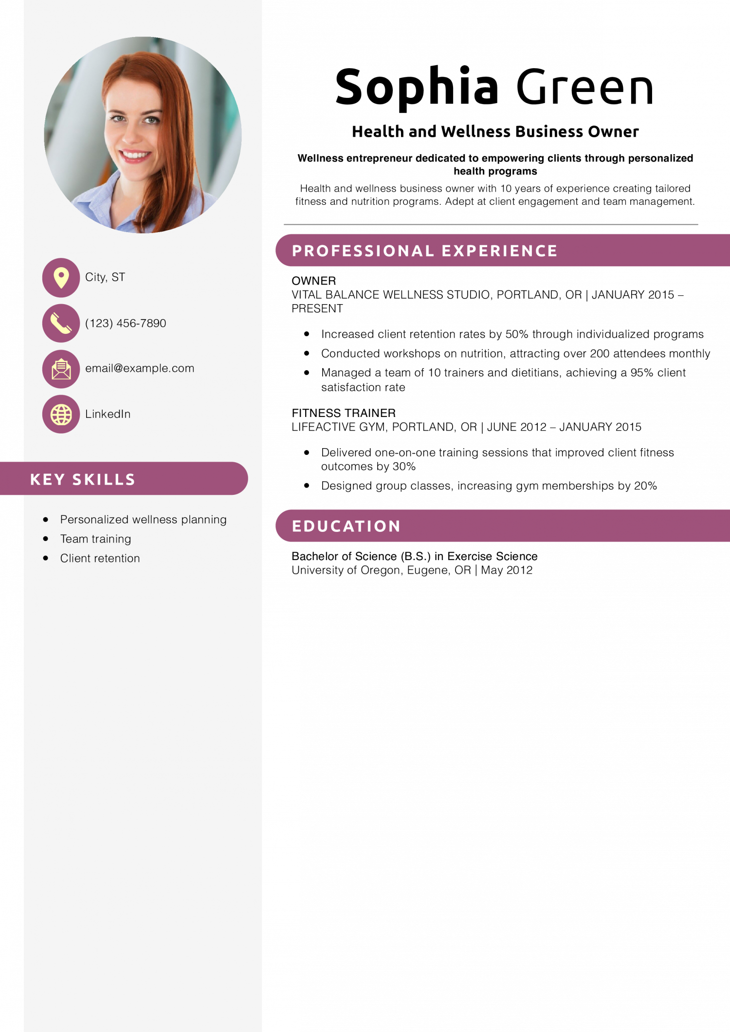 Health and Wellness Business Owner Resume