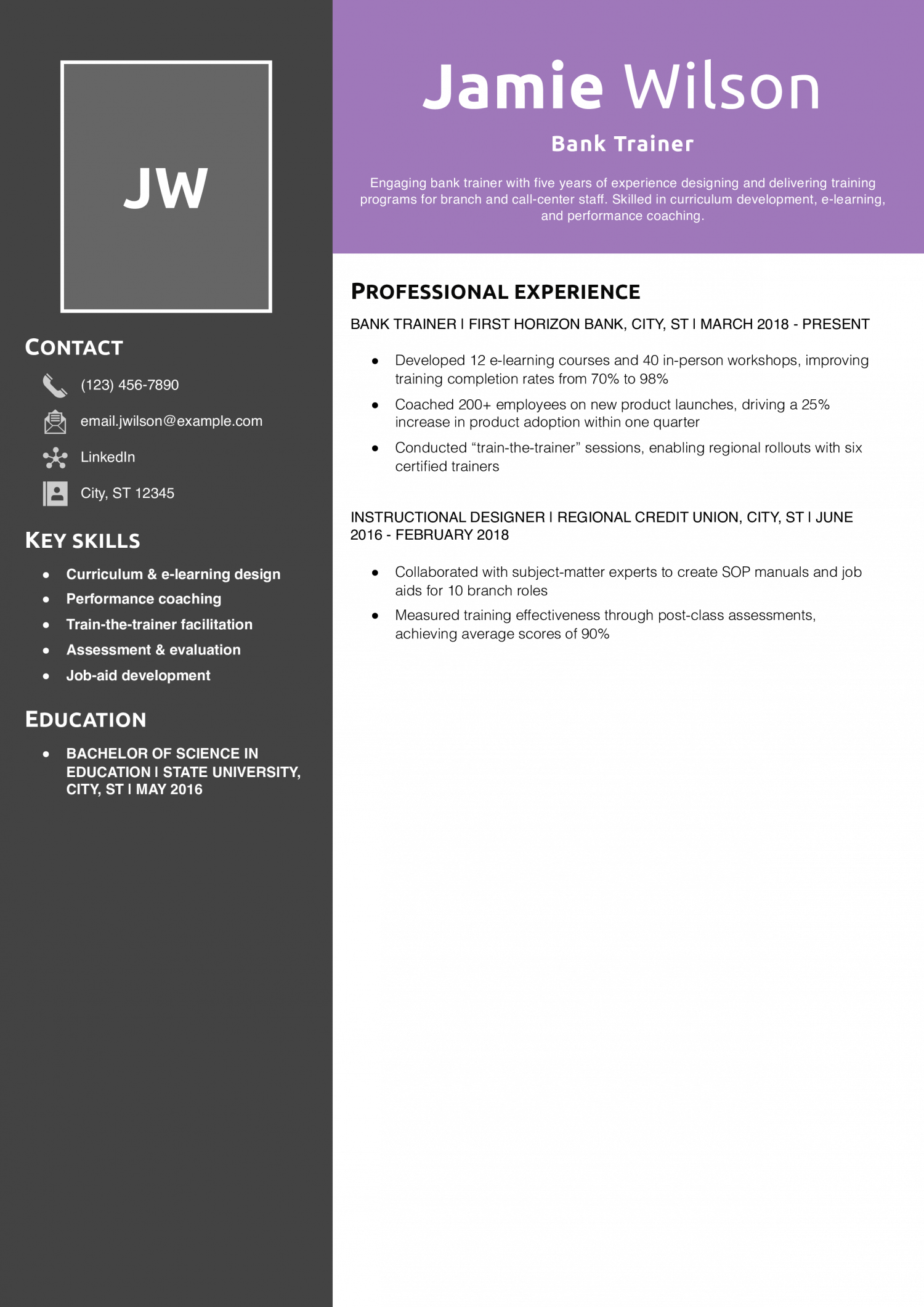 Bank Trainer Resume Example