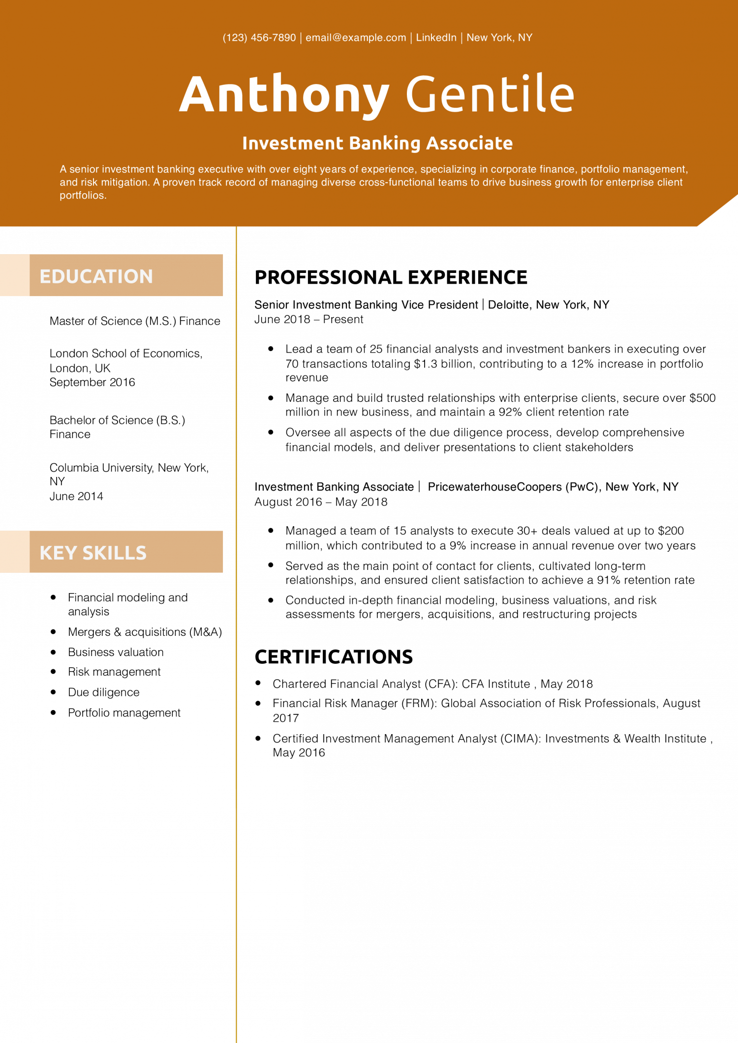 Investment Banking Associate Resume Example