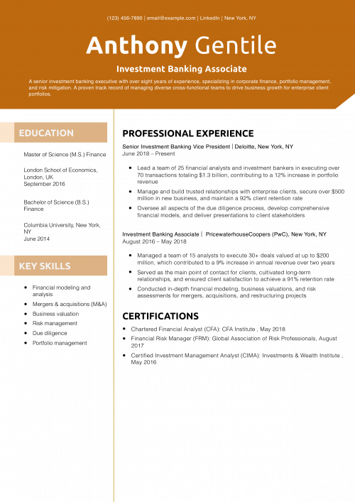 Investment Banking Associate Resume Example