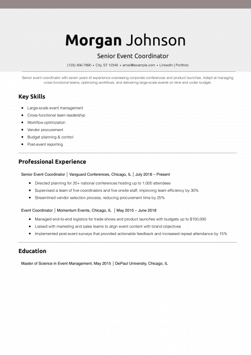 Senior Event Coordinator Resume Example
