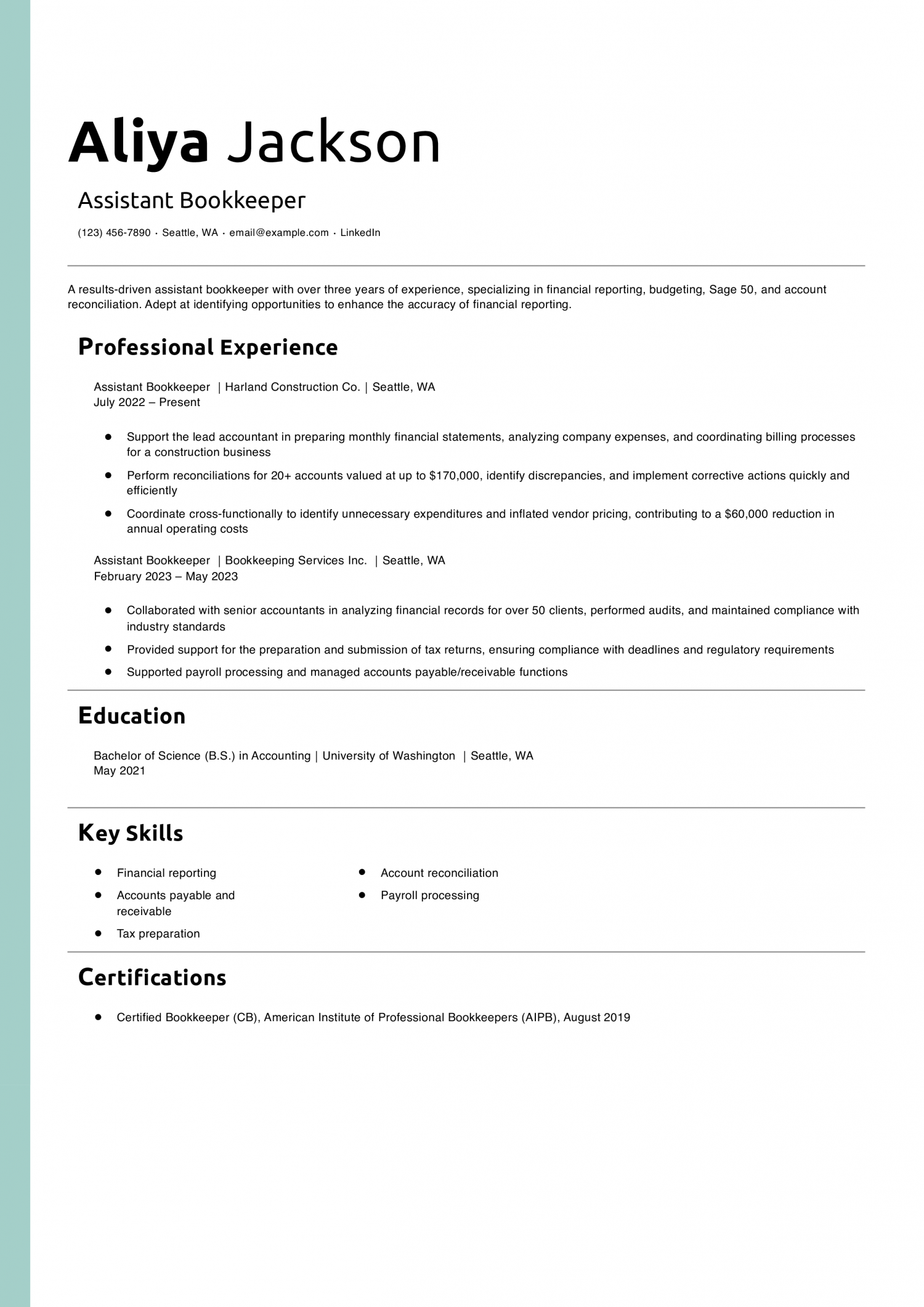 Assistant Bookkeeper Resume Example 