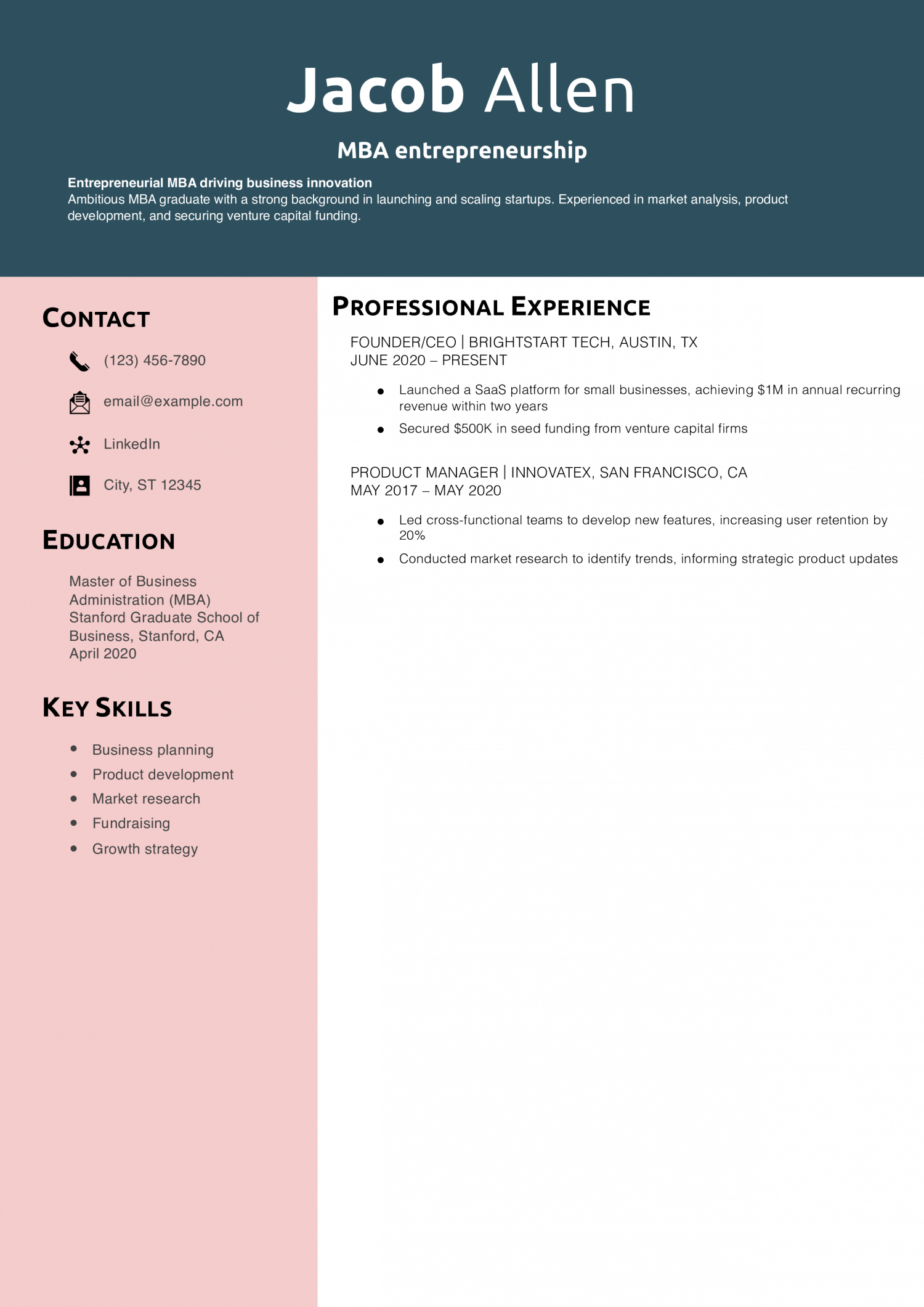 MBA entrepreneurship resume example