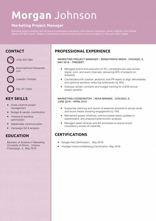 Marketing Project Manager Resume Example 