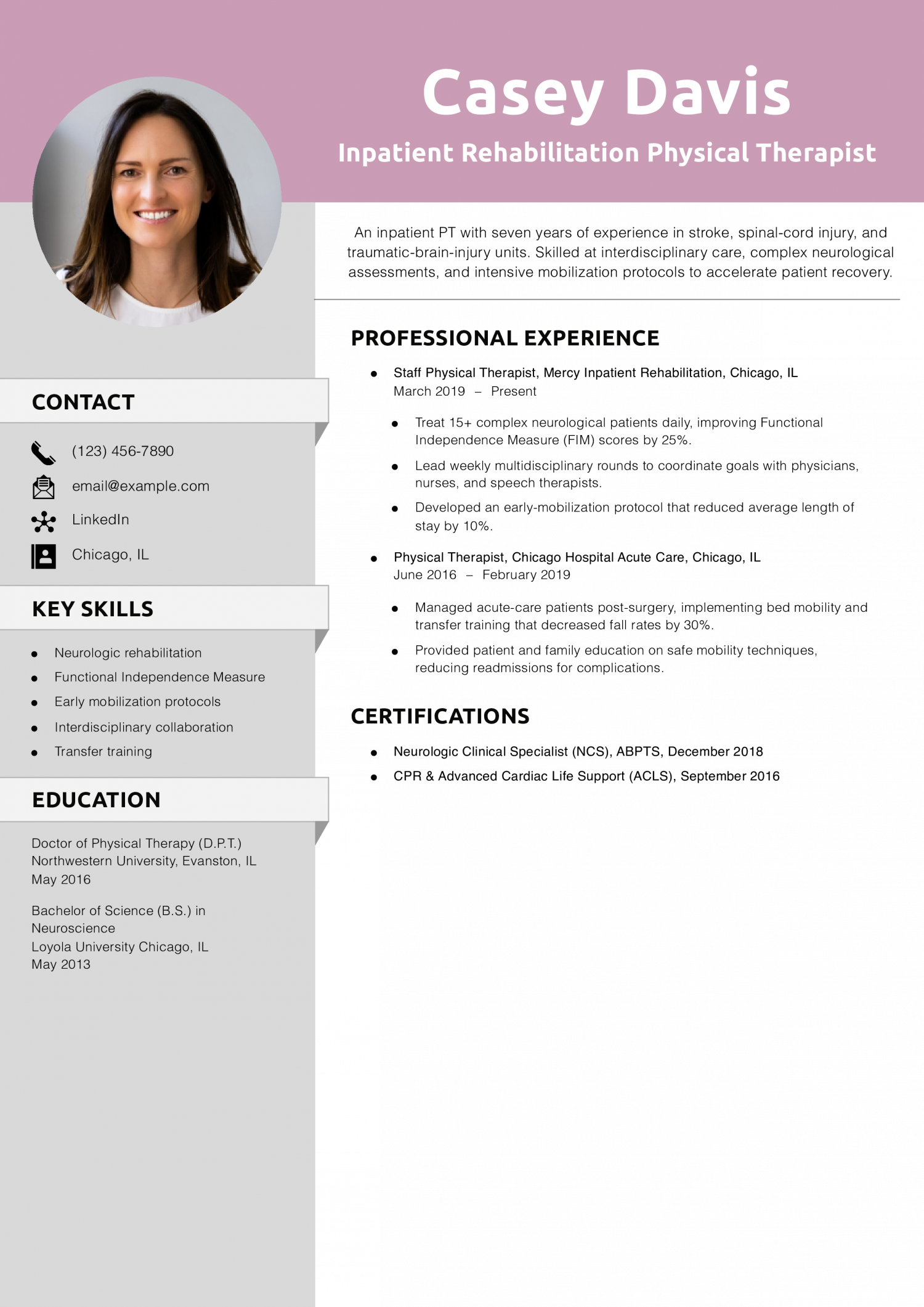 Inpatient Rehabilitation Physical Therapist Resume Example