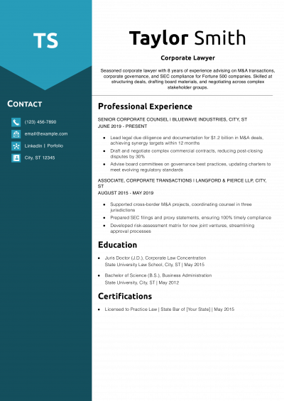 Corporate Lawyer Resume Example