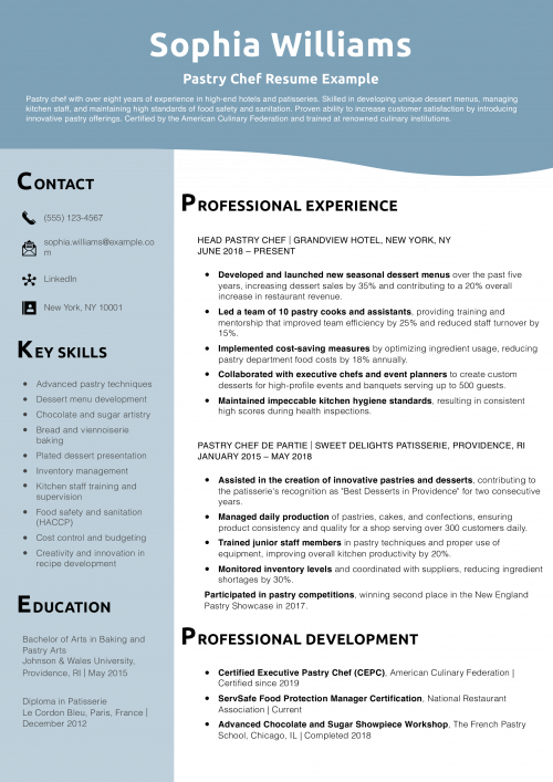Pastry Chef Resume Example