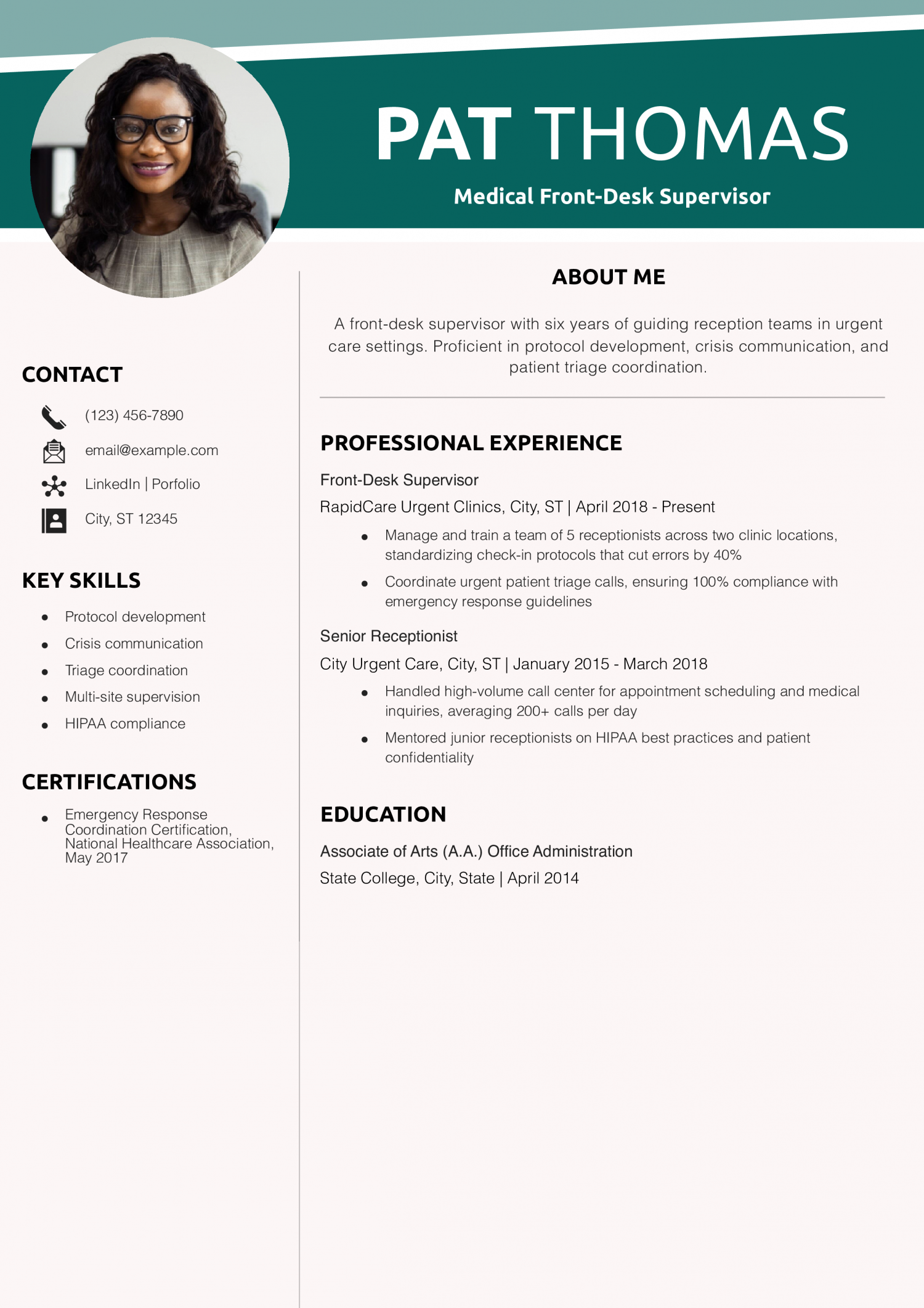 Medical Front-Desk Supervisor Resume Example