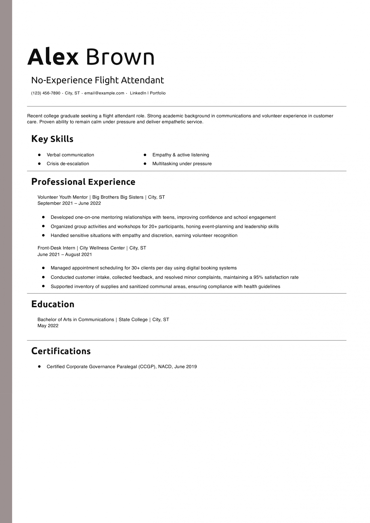 No-Experience Flight Attendant Resume Example