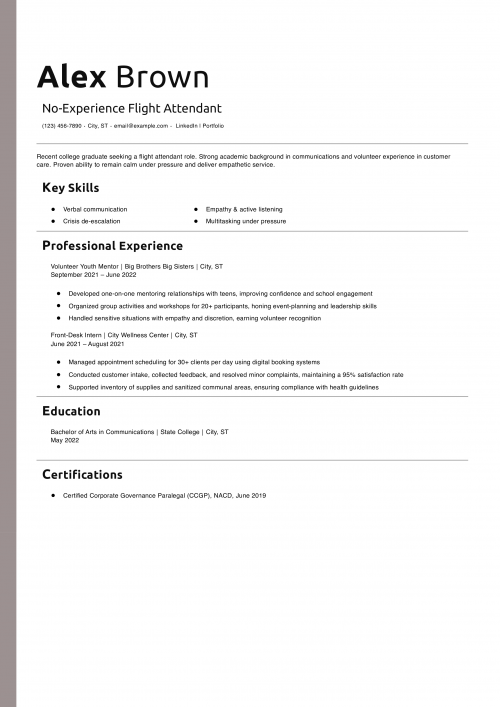 No-Experience Flight Attendant Resume Example