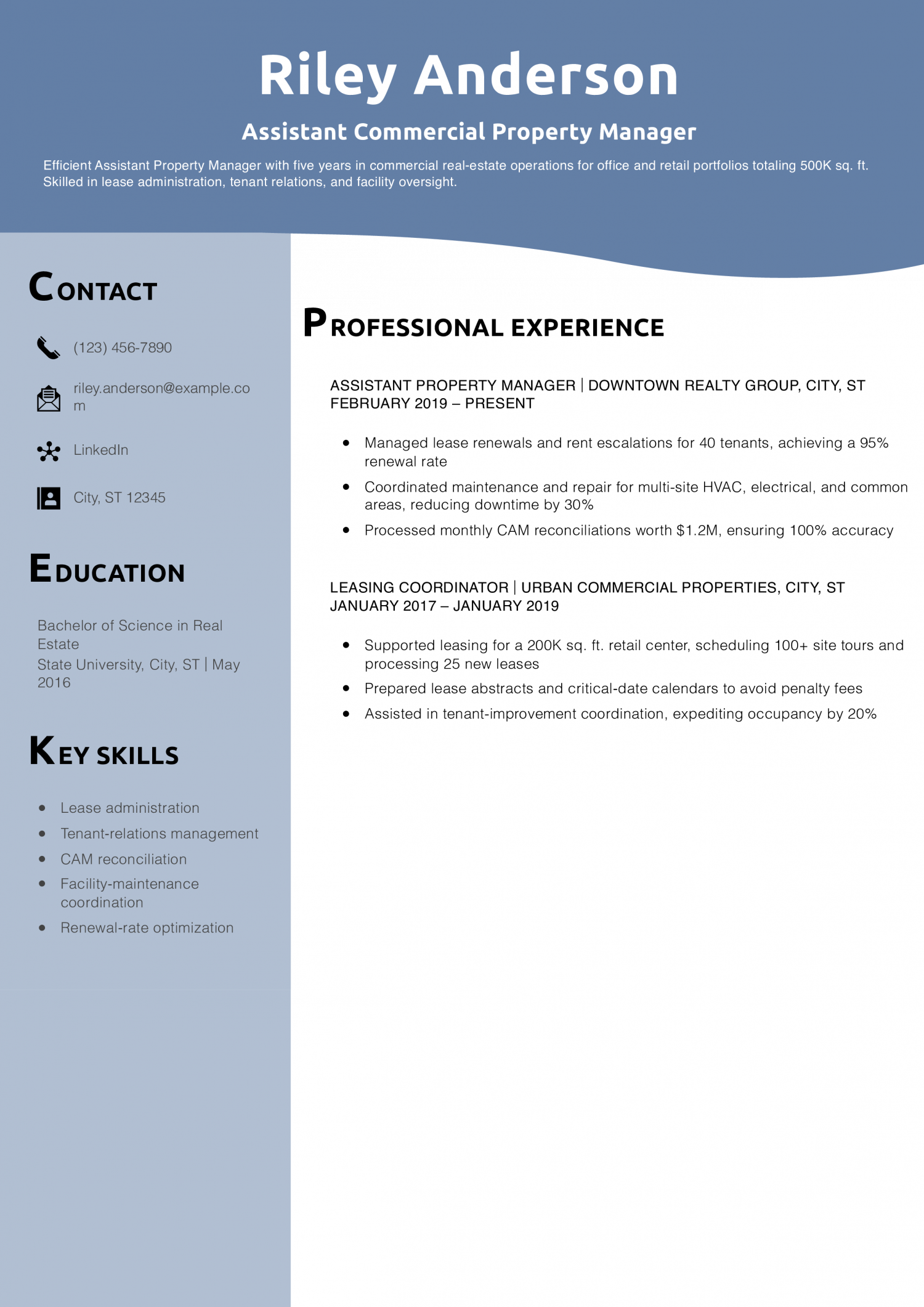 Assistant Commercial Property Manager Resume Example