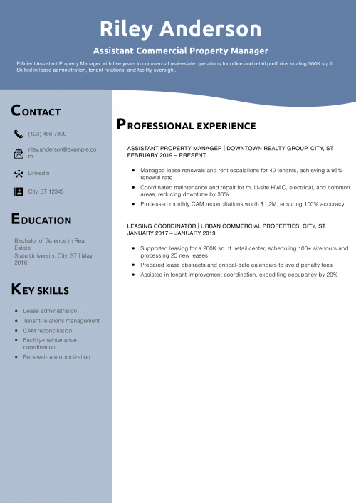 Assistant Commercial Property Manager Resume Example
