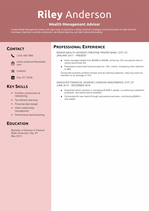 Wealth Management Advisor Resume Example