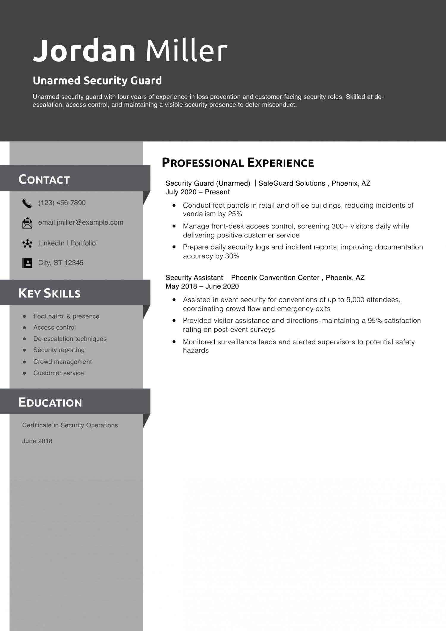 Unarmed Security Guard Resume Example 