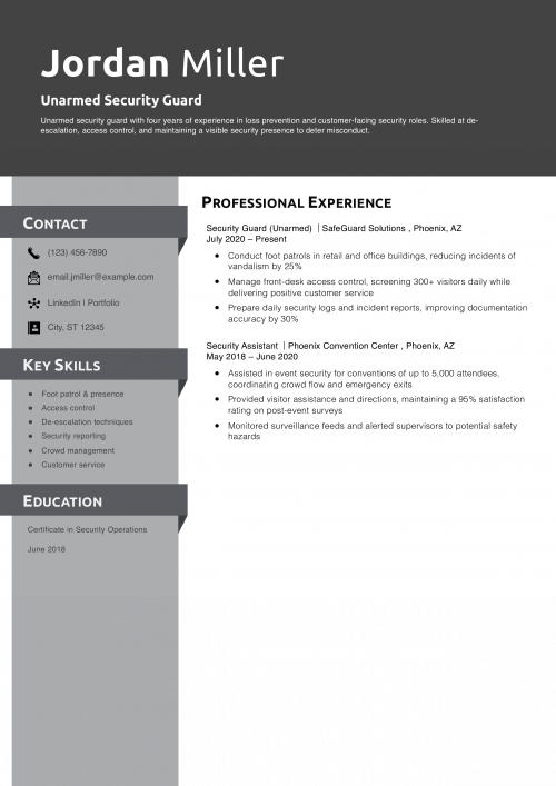 Unarmed Security Guard Resume Example 