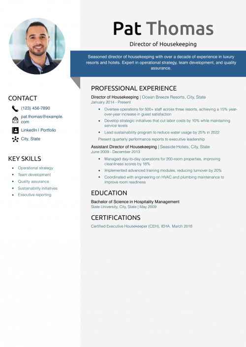 Director of Housekeeping Resume Example