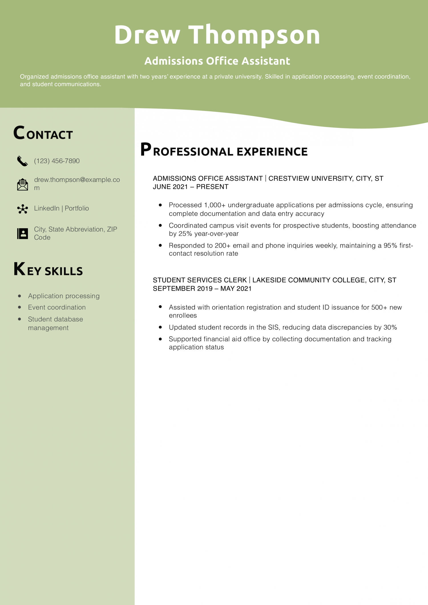 Admissions Office Assistant Resume Example