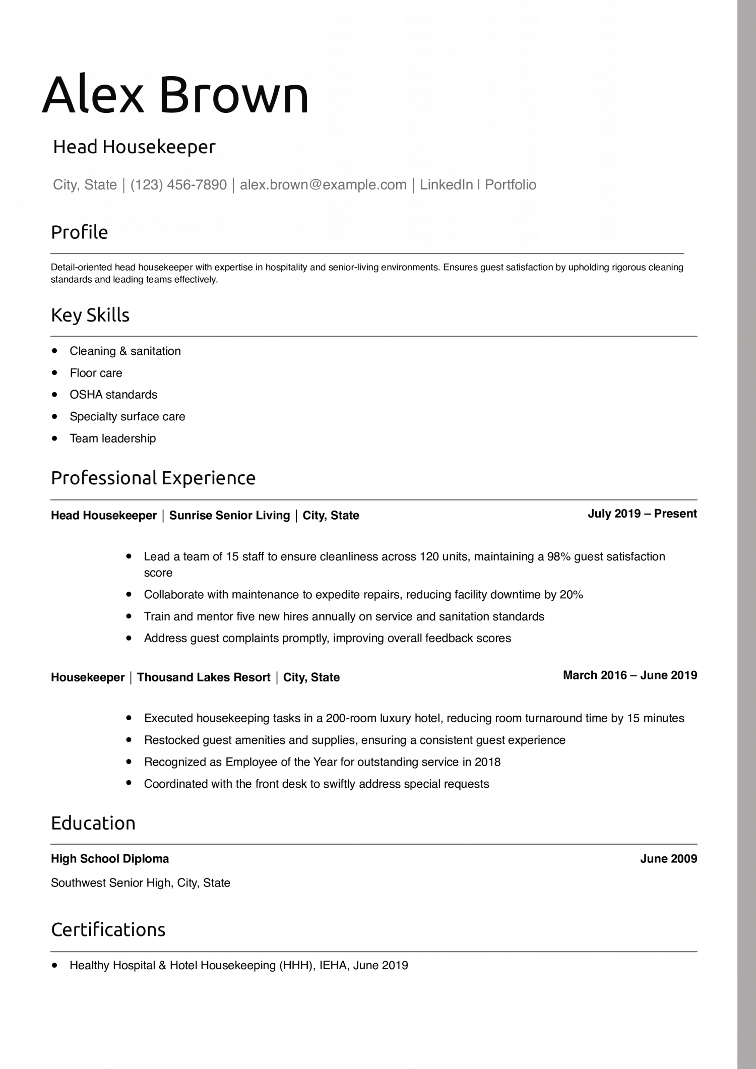 Head Housekeeper Resume Example