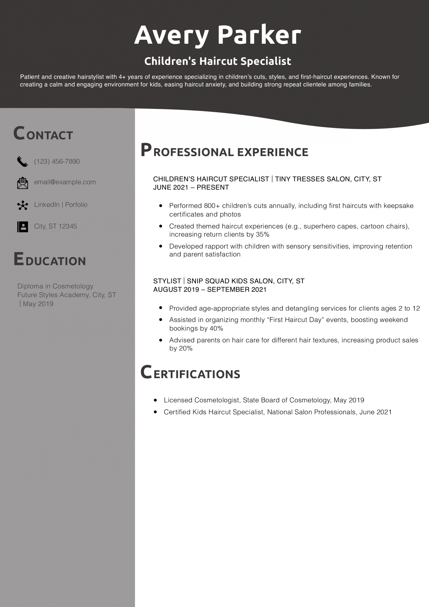 Children\'s Haircut Specialist Resume Example
