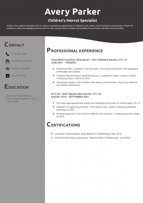 Children\'s Haircut Specialist Resume Example