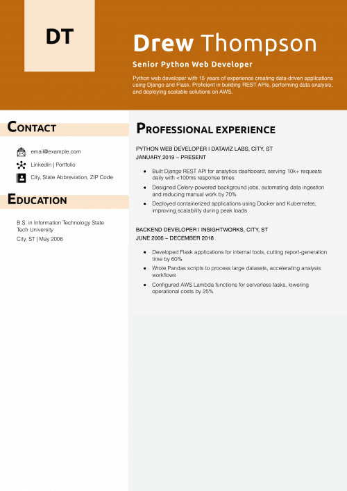 Senior Python Web Developer Resume Example