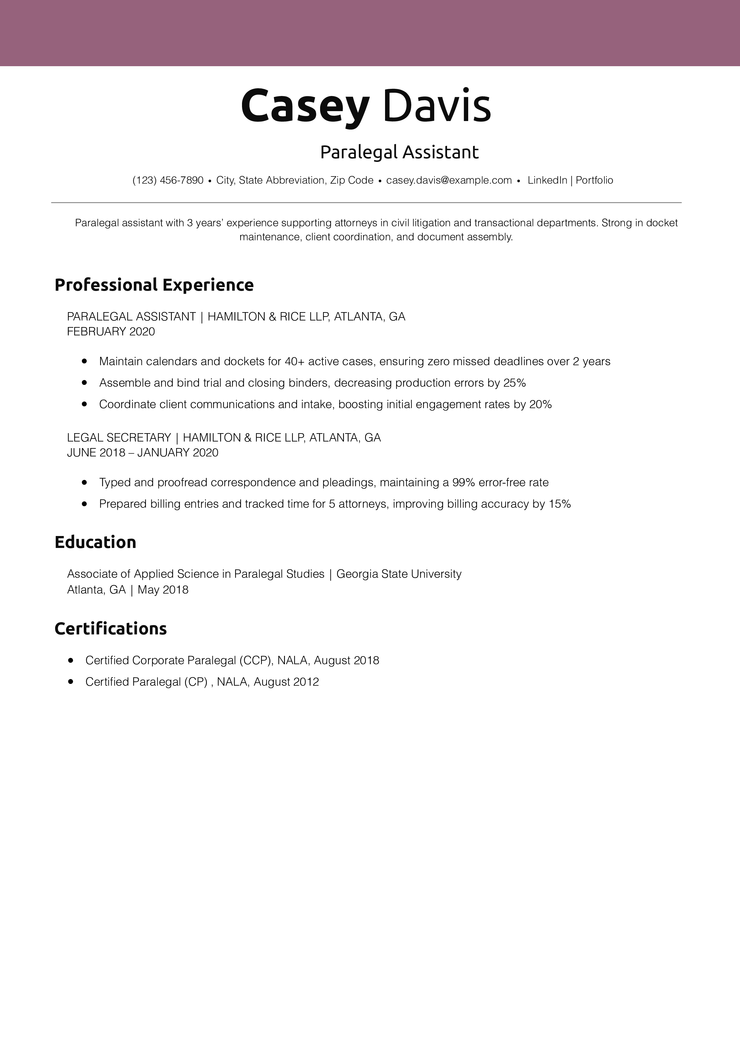 Paralegal Assistant Resume Example