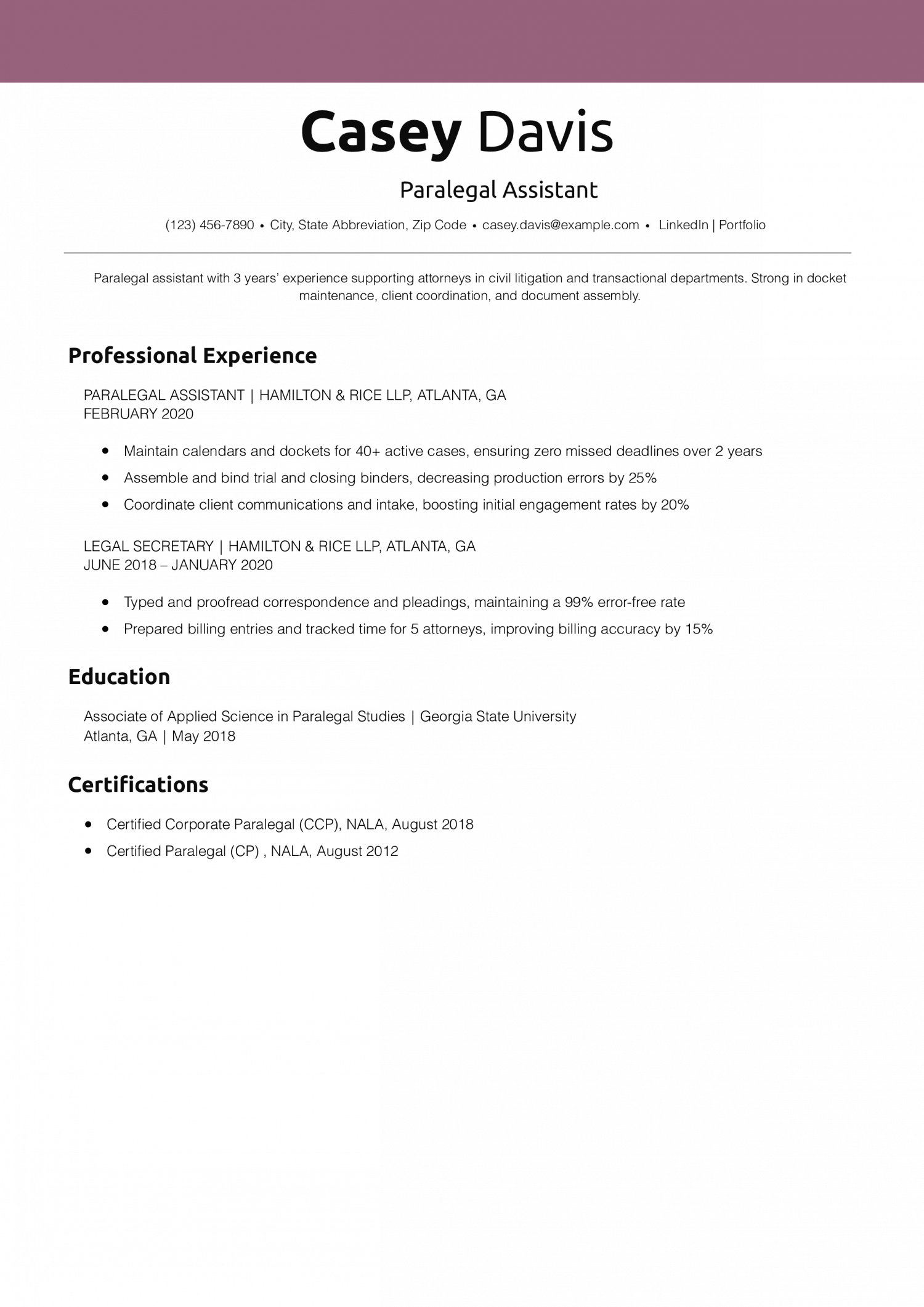 Paralegal Assistant Resume Example
