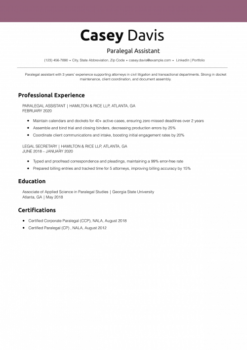 Paralegal Assistant Resume Example