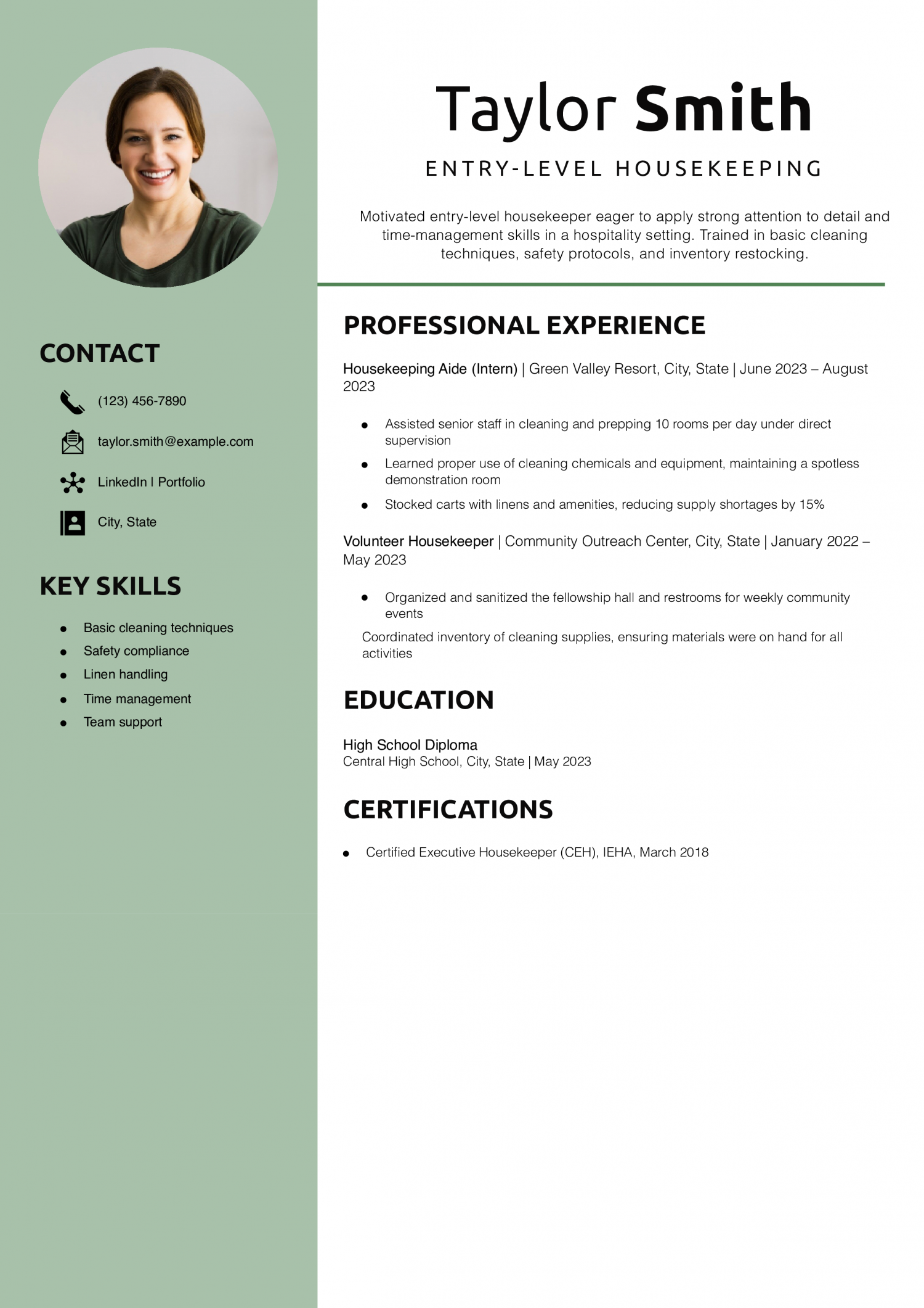 Entry-Level Housekeeping Resume Example