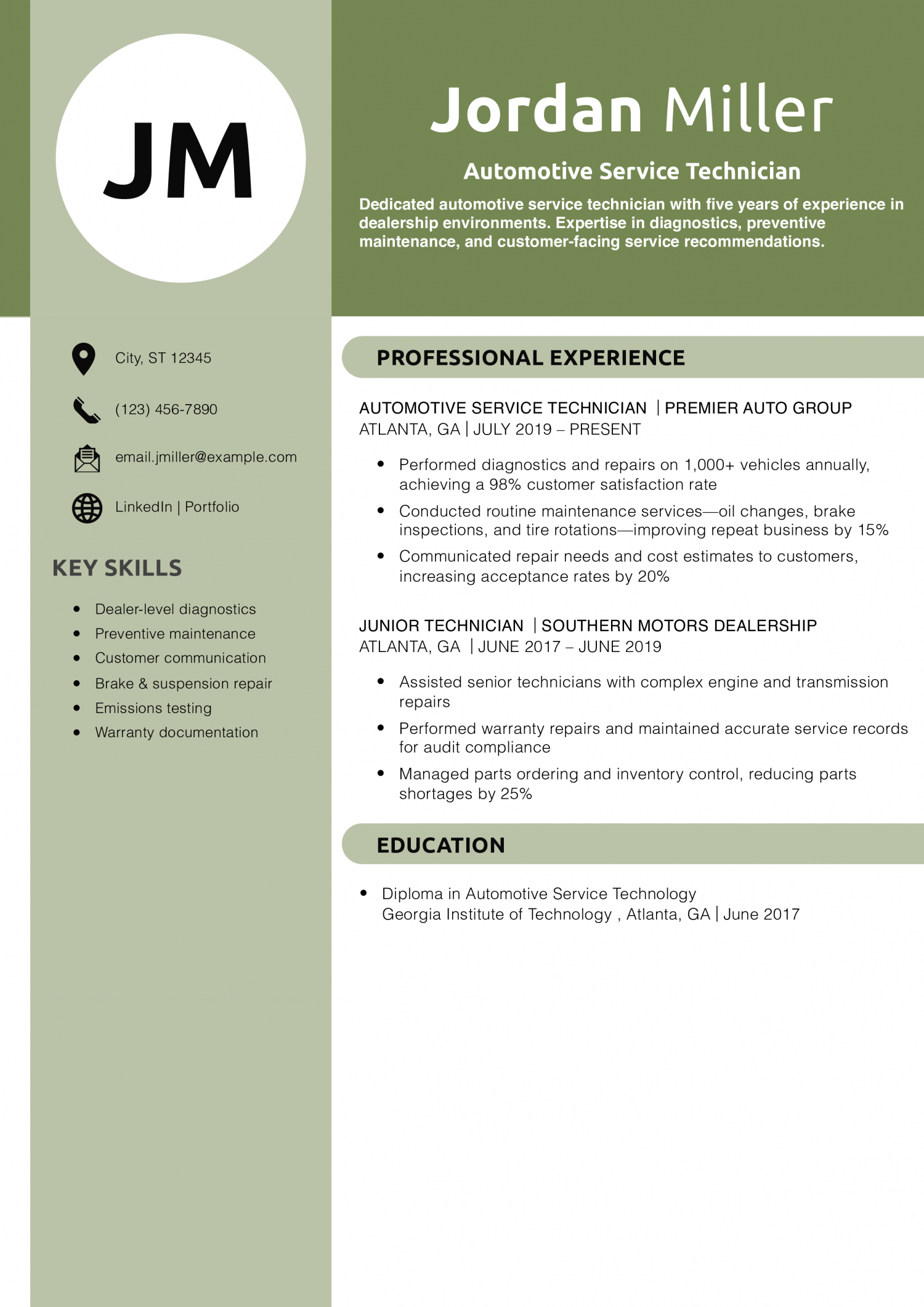 Automotive Service Technician Resume Example