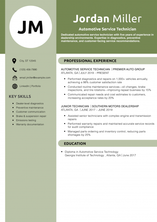 Automotive Service Technician Resume Example 