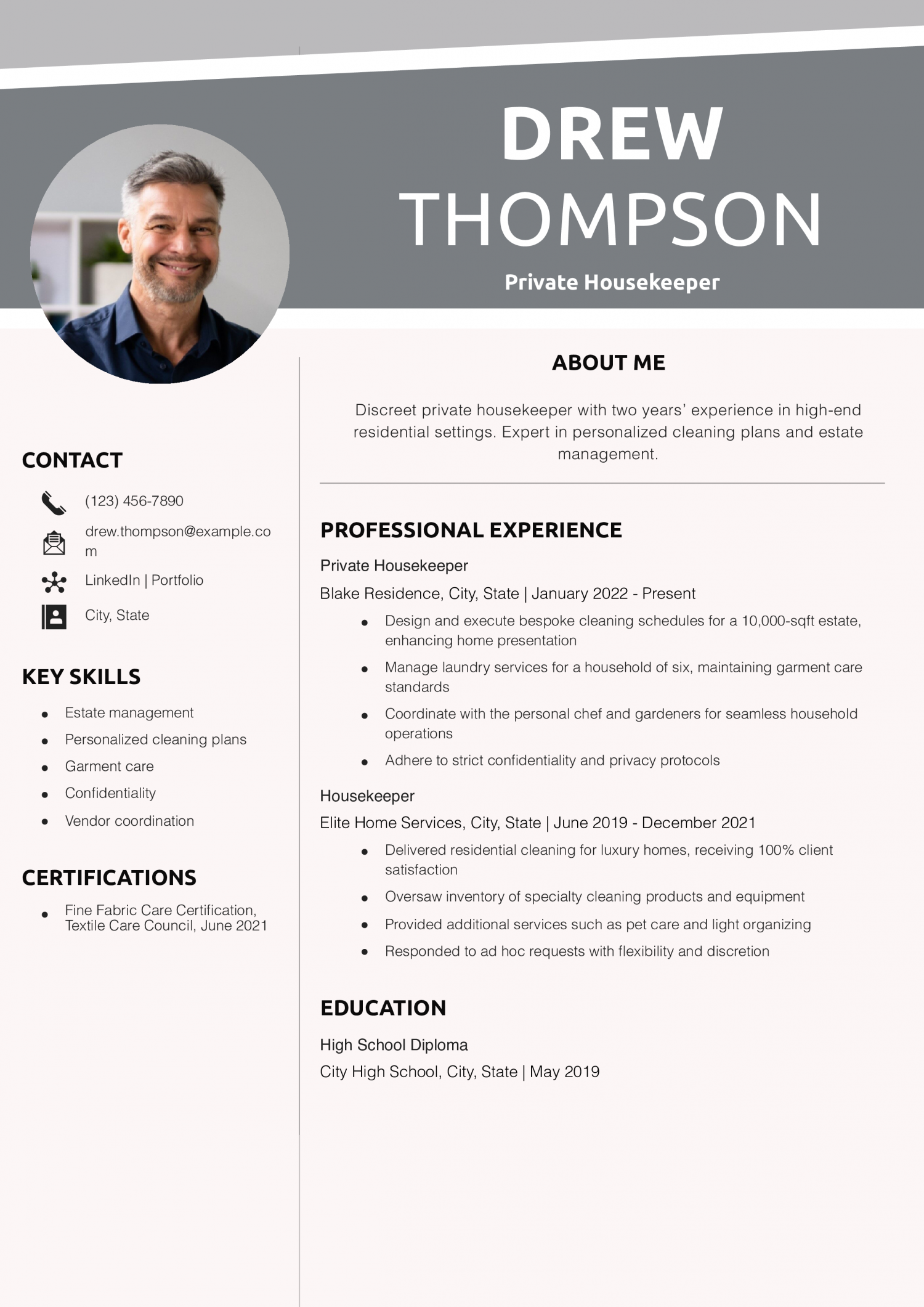 Private Housekeeper Resume Example