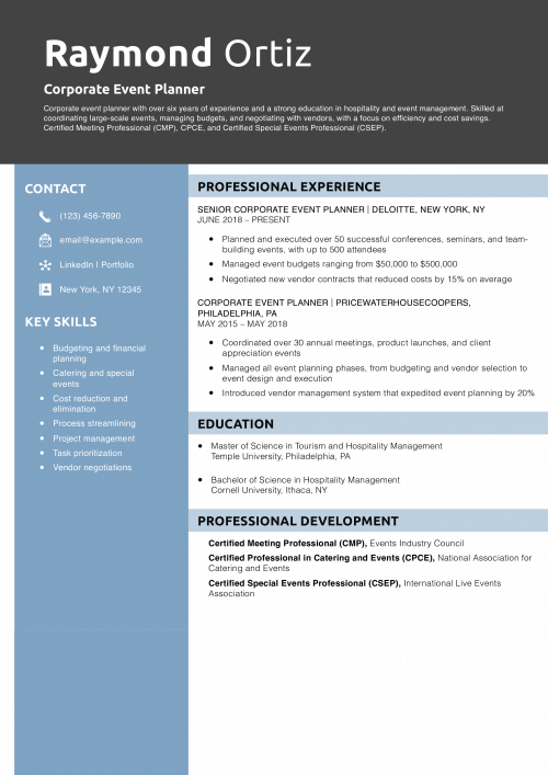 Corporate Event Planner Resume Example