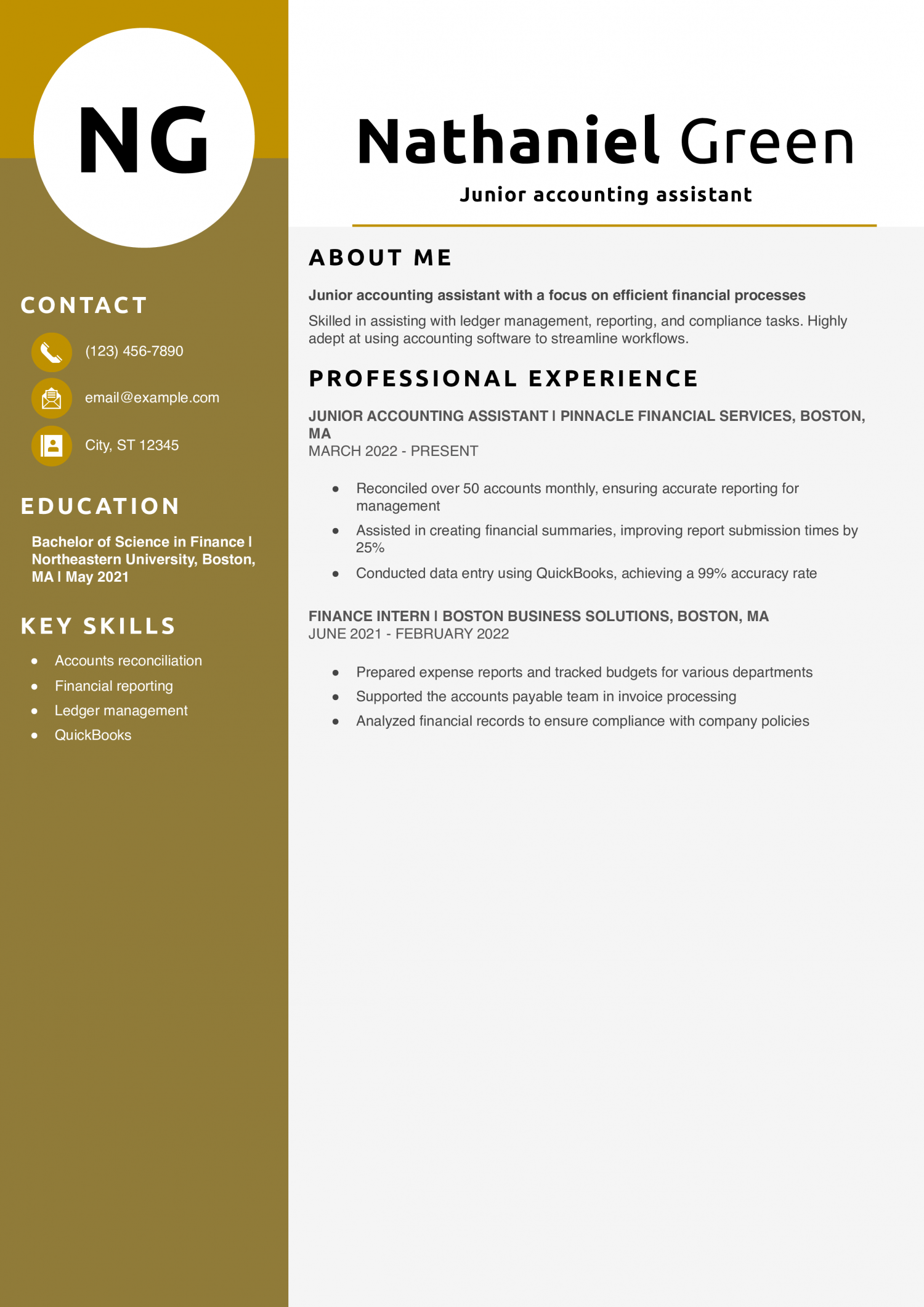 Junior accounting assistant resume example