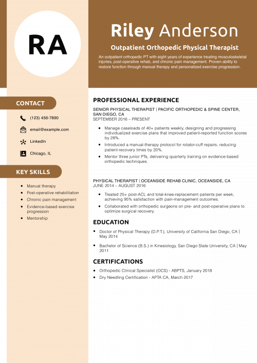 Outpatient Orthopedic Physical Therapist Resume Example