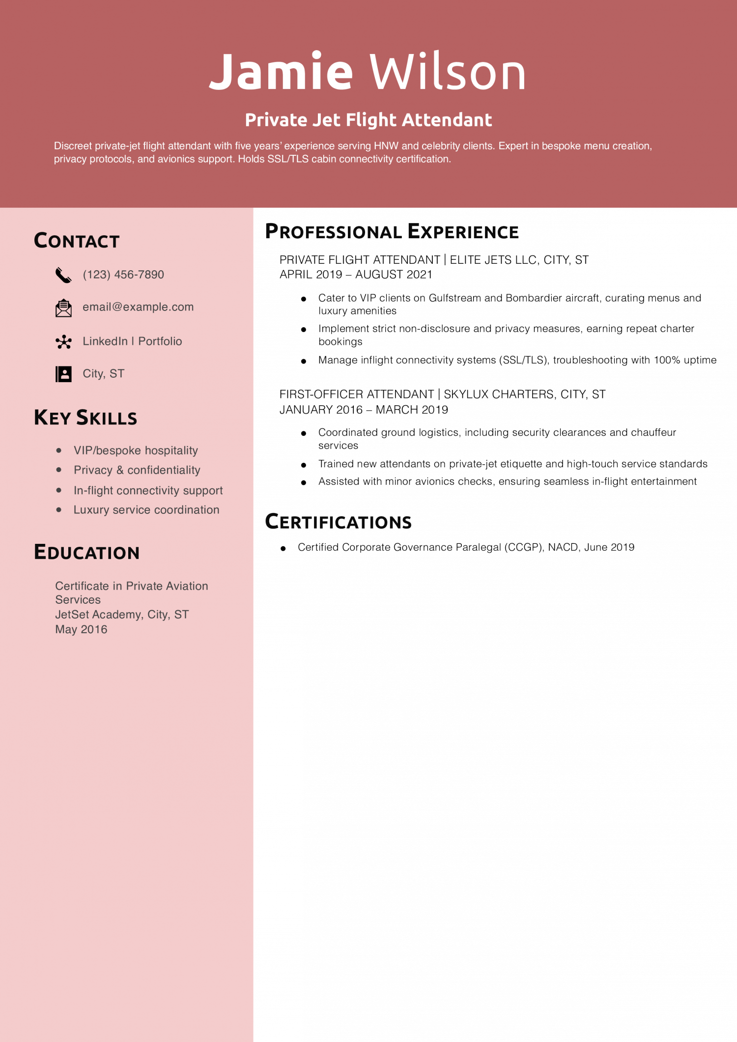 Private Jet Flight Attendant Resume Example