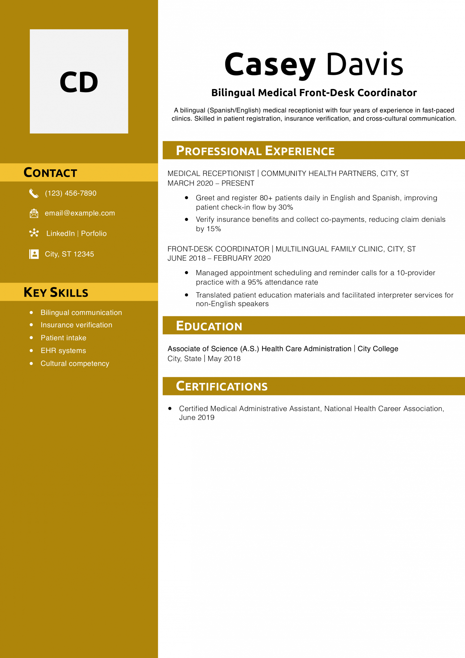 Bilingual Medical Front-Desk Coordinator Resume Example