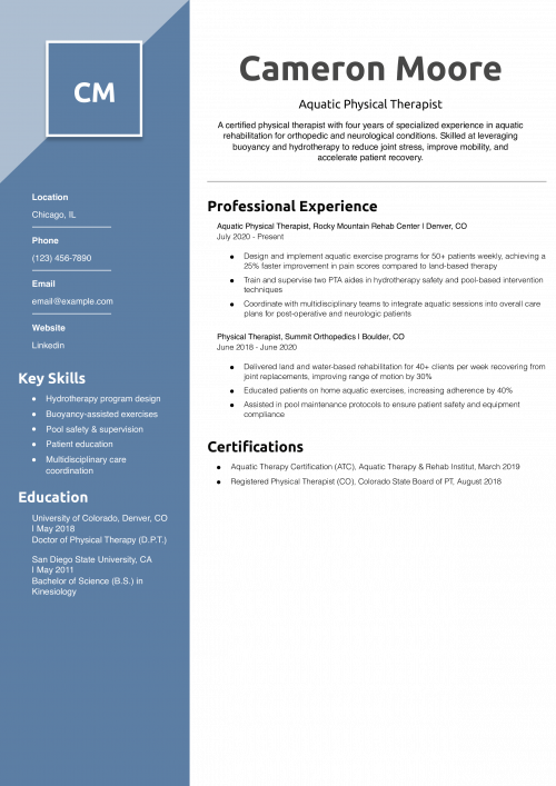 Aquatic Physical Therapist Resume Example