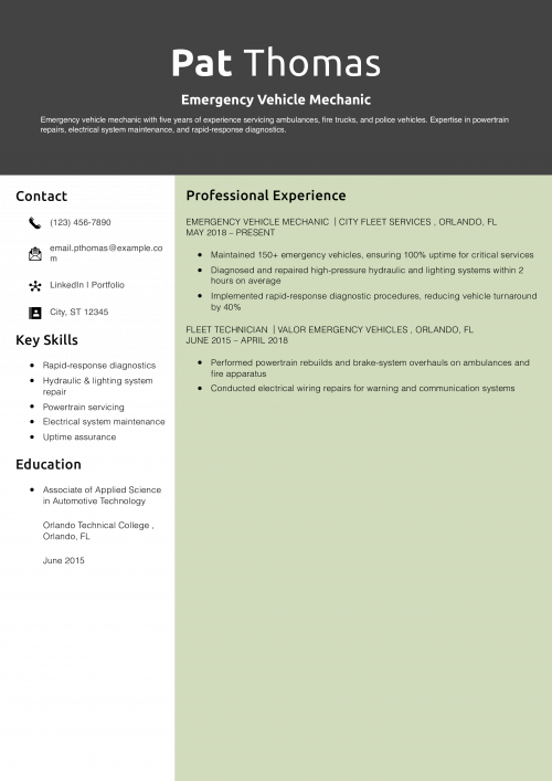 Emergency Vehicle Mechanic Resume Example 