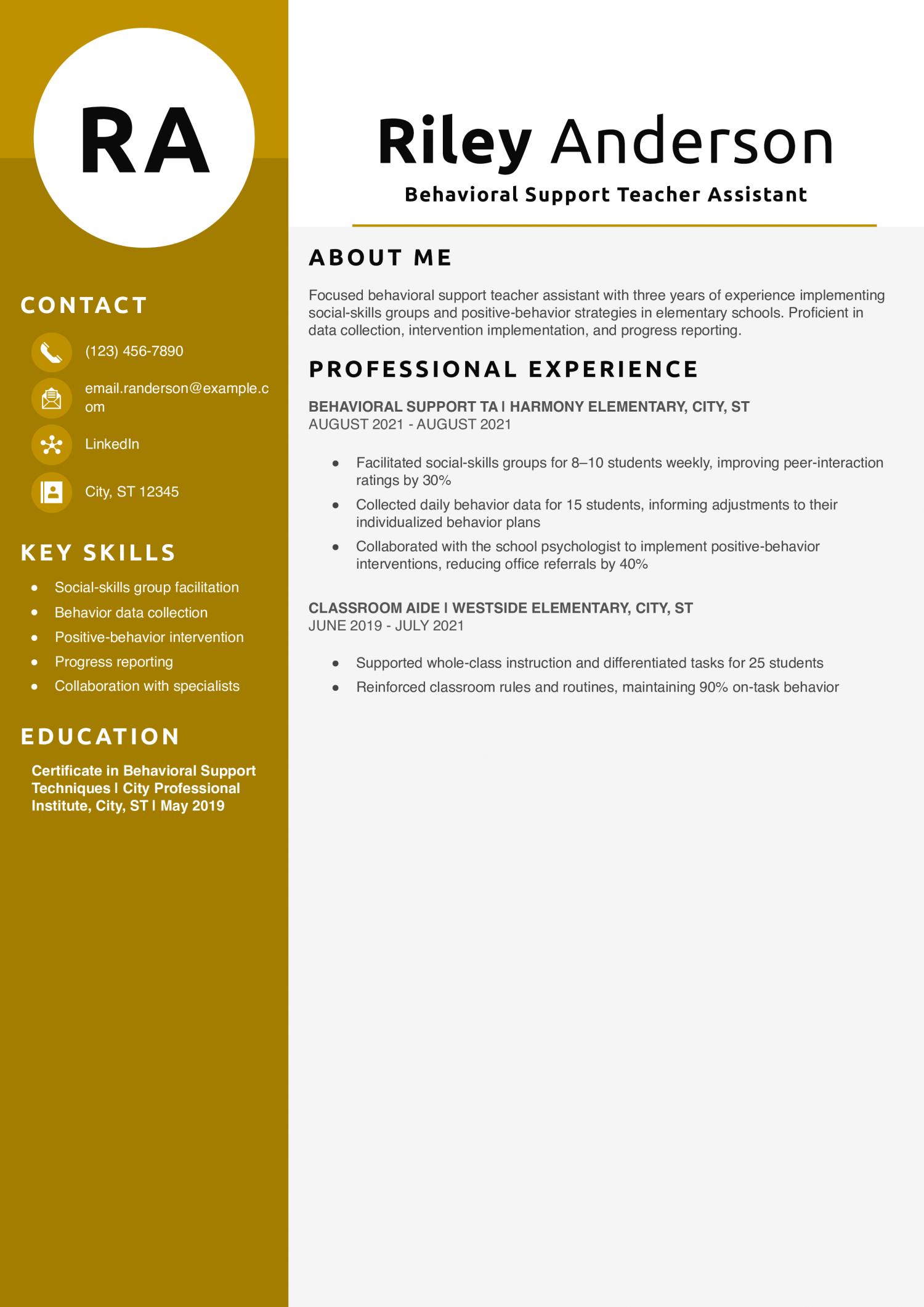 Behavioral Support Teacher Assistant Resume Example