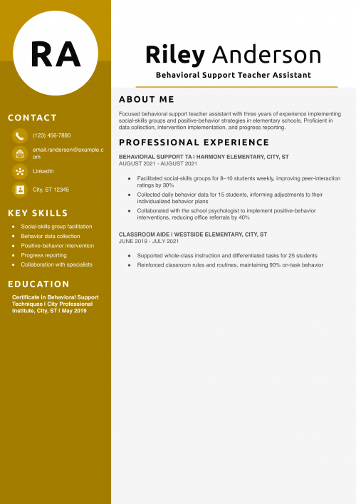 Behavioral Support Teacher Assistant Resume Example