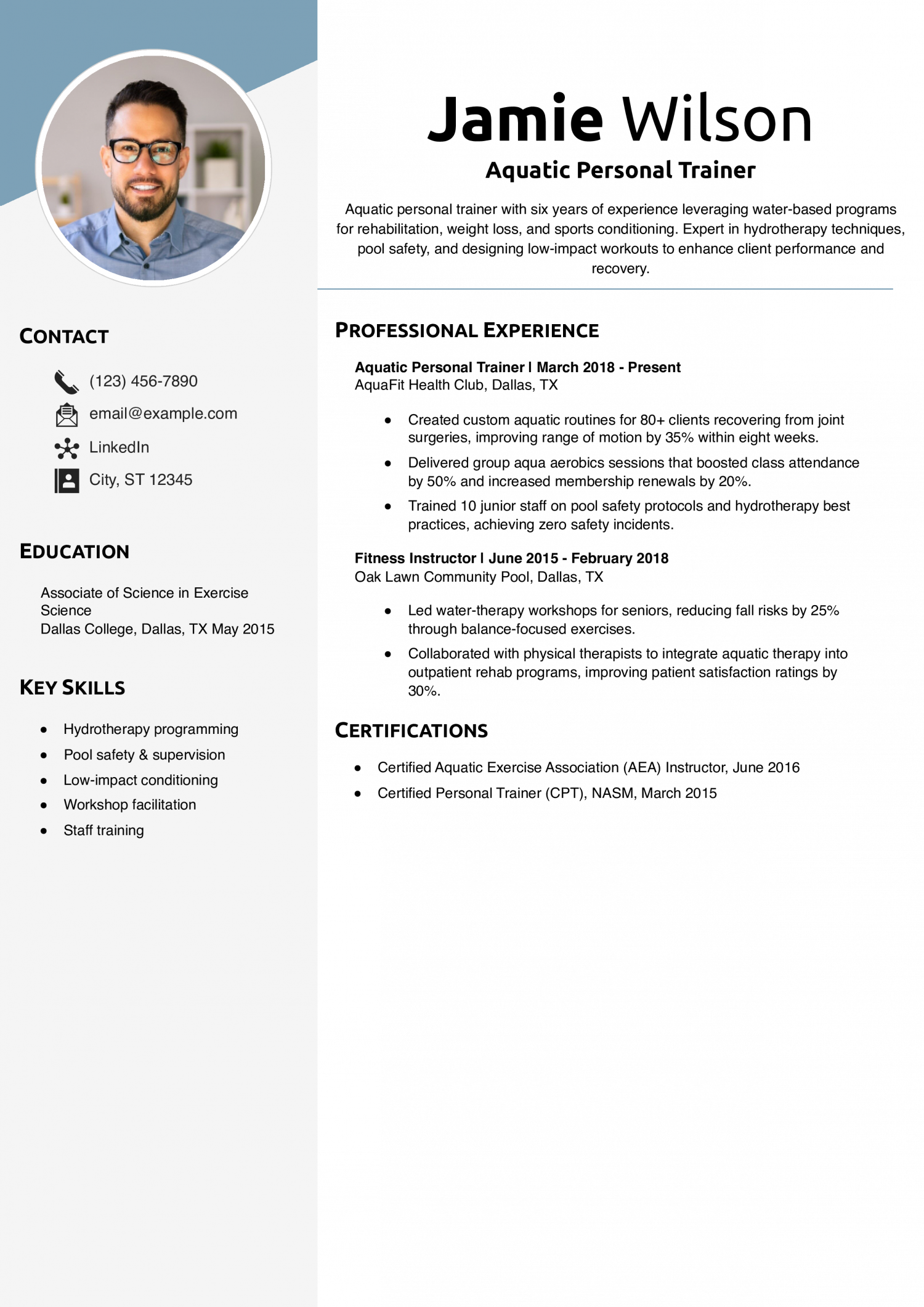 Aquatic Personal Trainer Resume Example