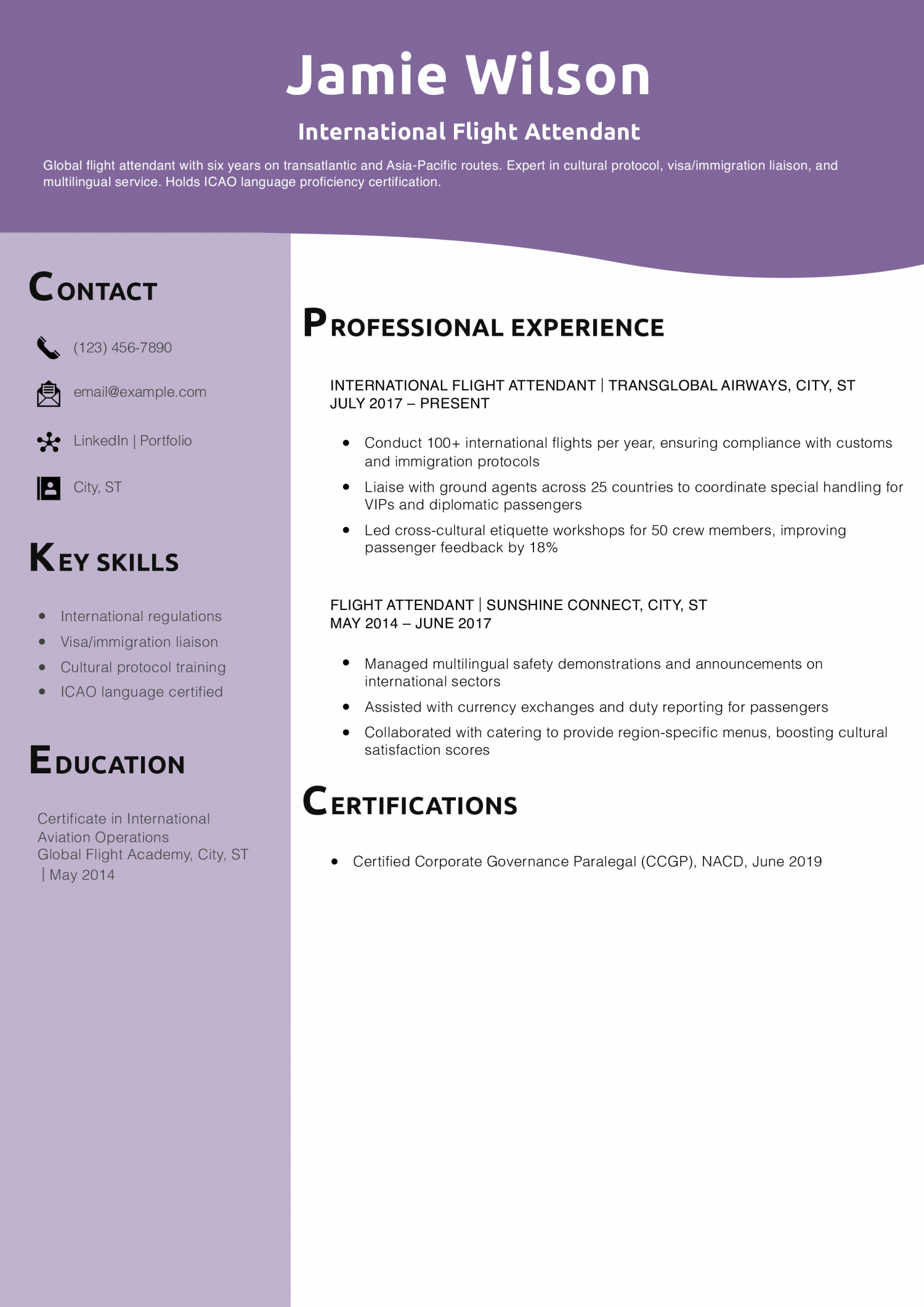 International Flight Attendant Resume Example