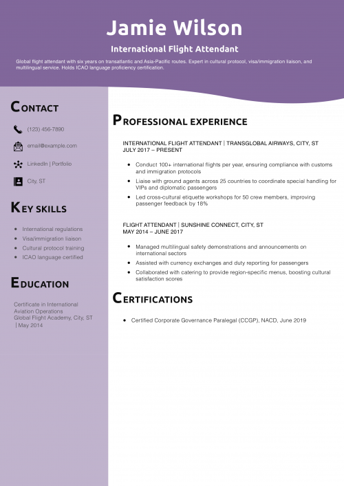 International Flight Attendant Resume Example