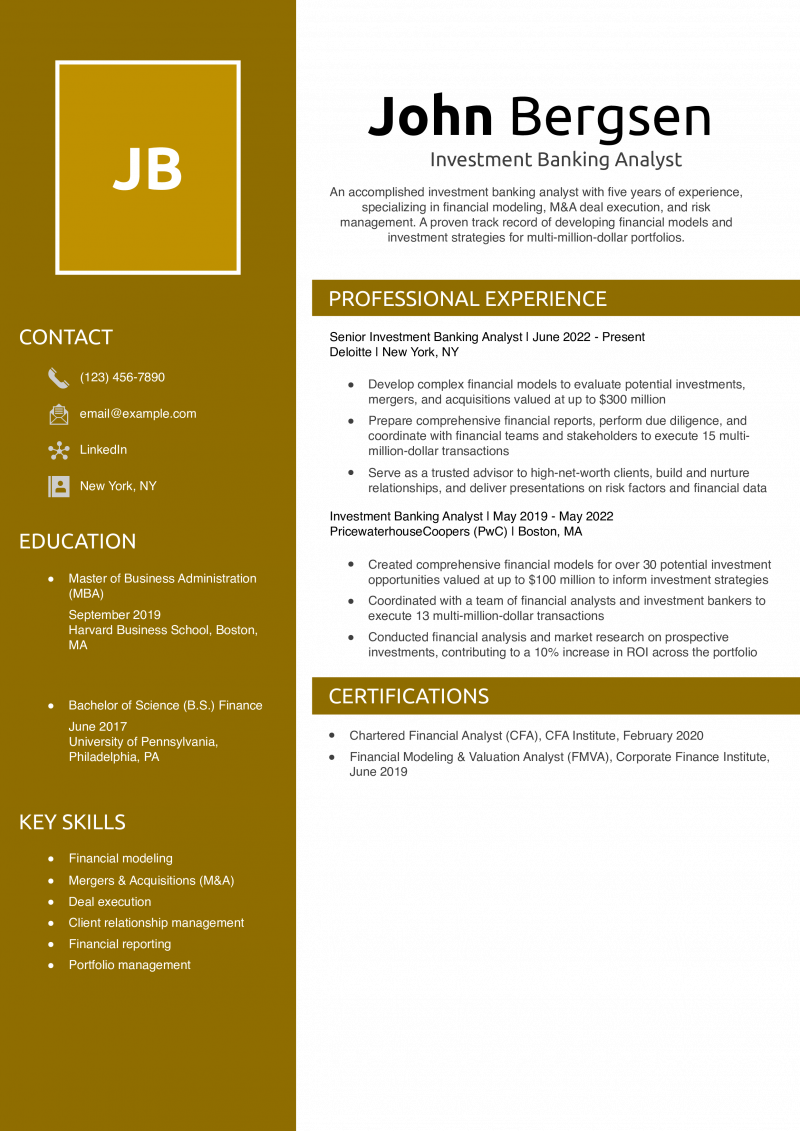  Investment Banking Analyst Resume Example