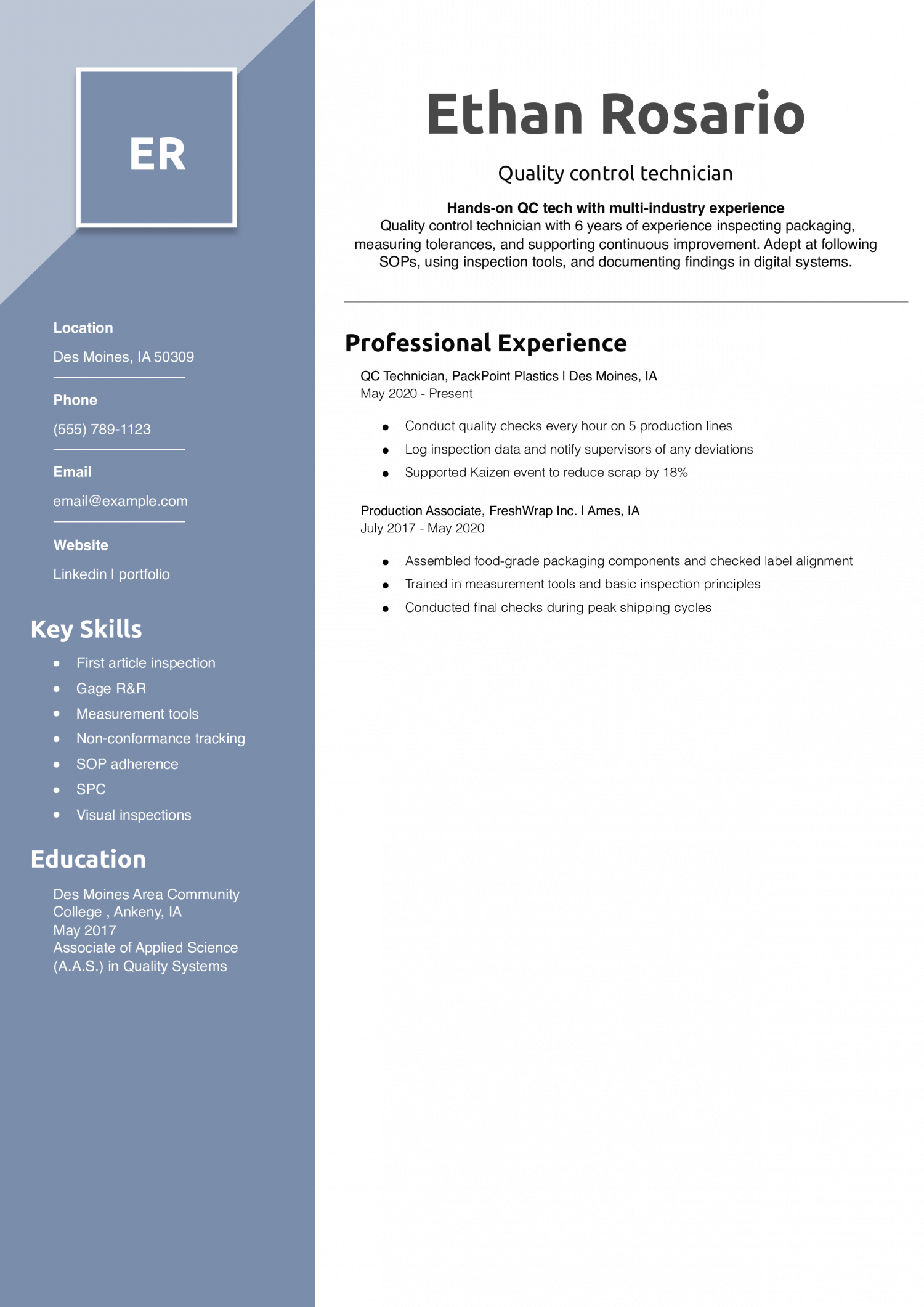 Quality control technician resume
