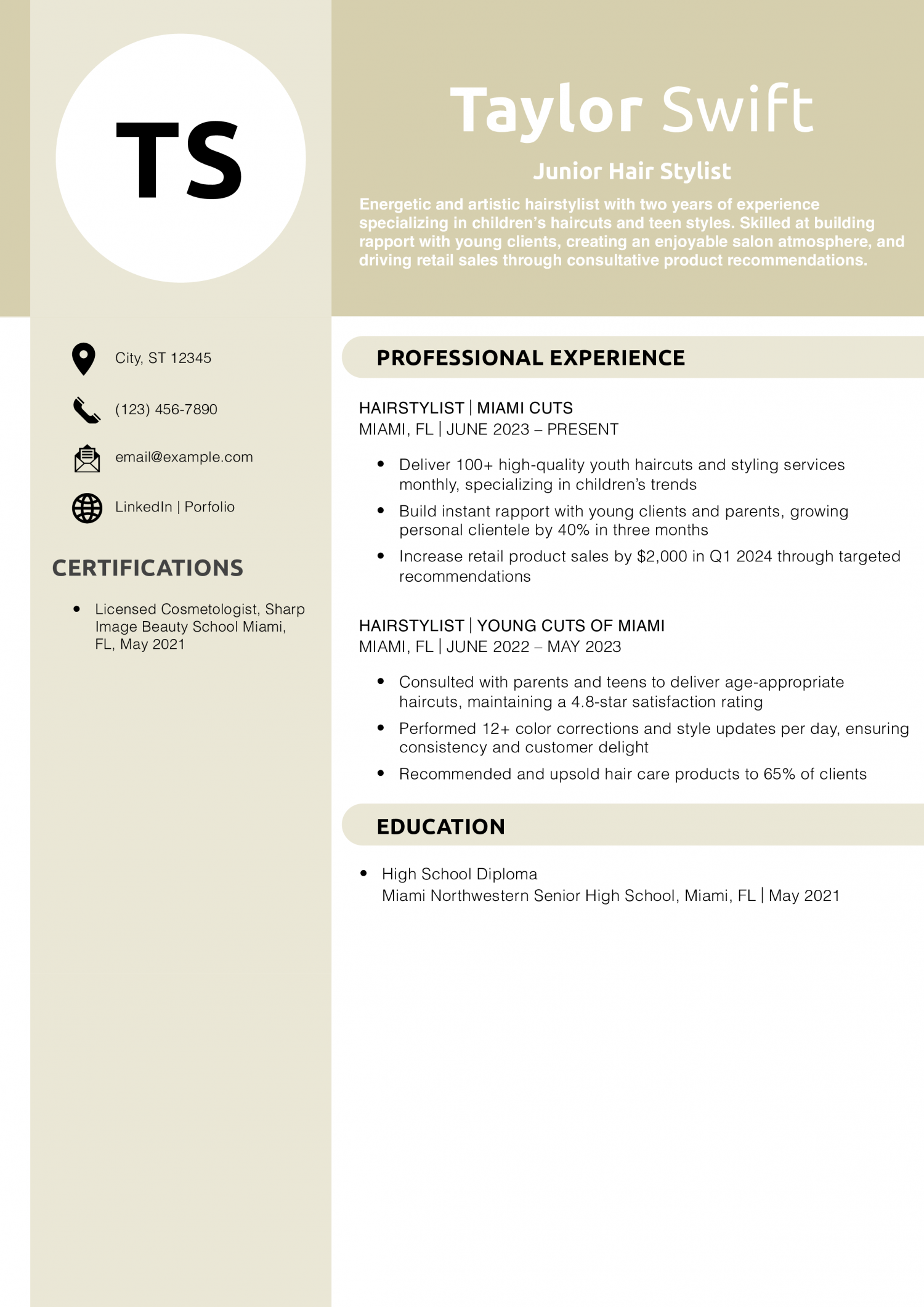Junior Hair Stylist Resume Example